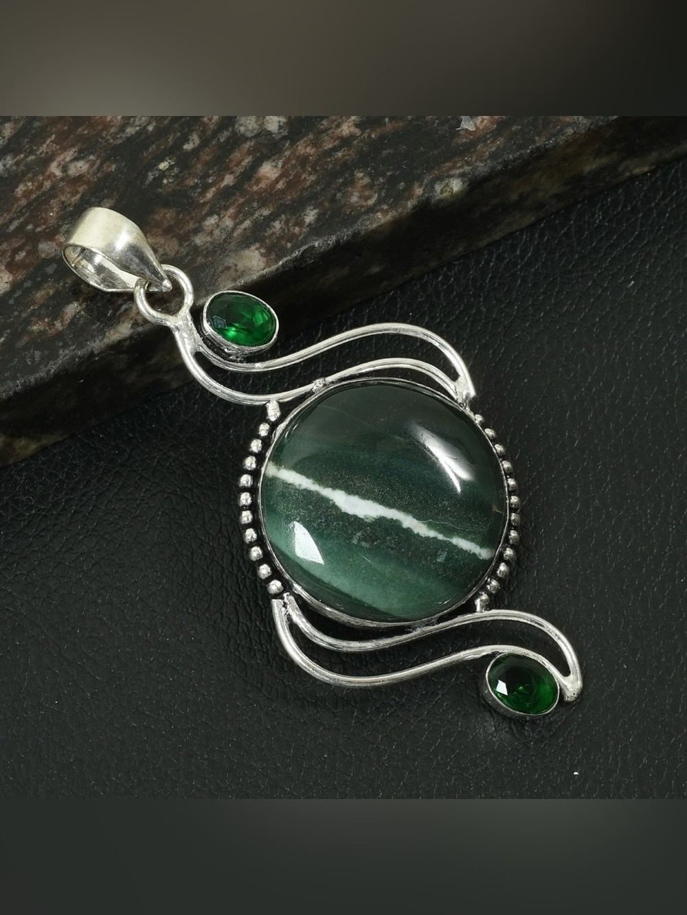 Green Sardonyx & Green Quartz Artisan Handcrafted Gemstone Pendant Necklace